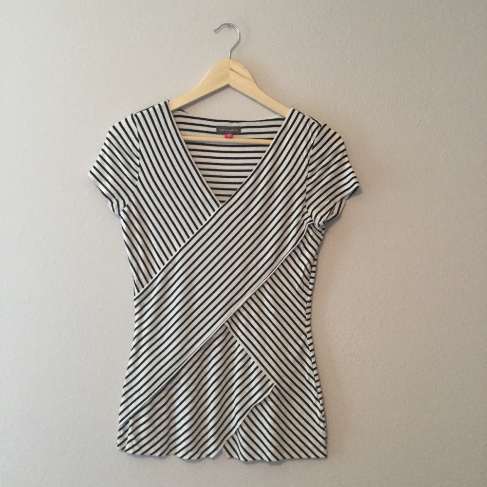 Vince Camuto Black and White Striped Short Sleeve Wrap Tee